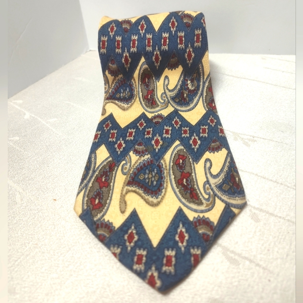 Meeting Street Hand Made Italy Silk Paisley Men's Tie Dark Blue Beige Ruby Red
